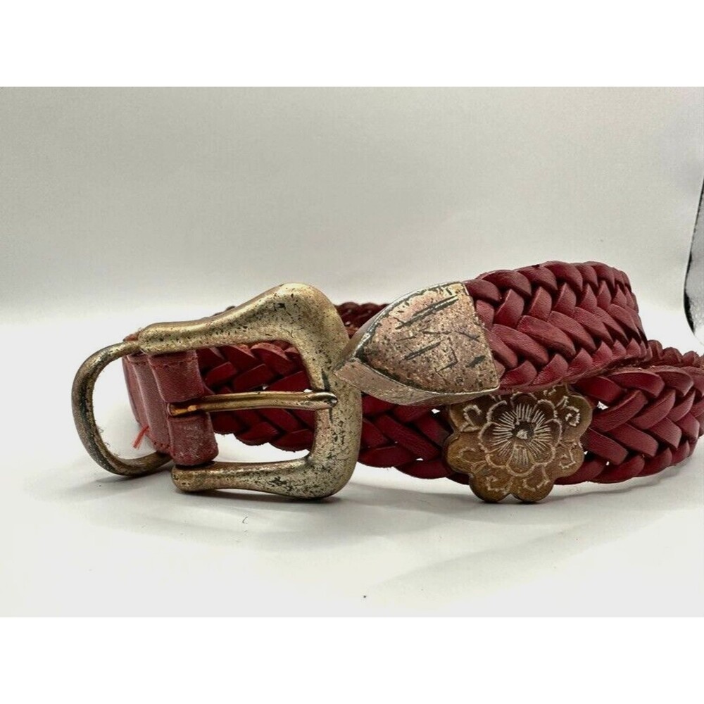 Fossil Red Leather Womens Red Medium Disgtressed Braided Concho Boho Woven Belt